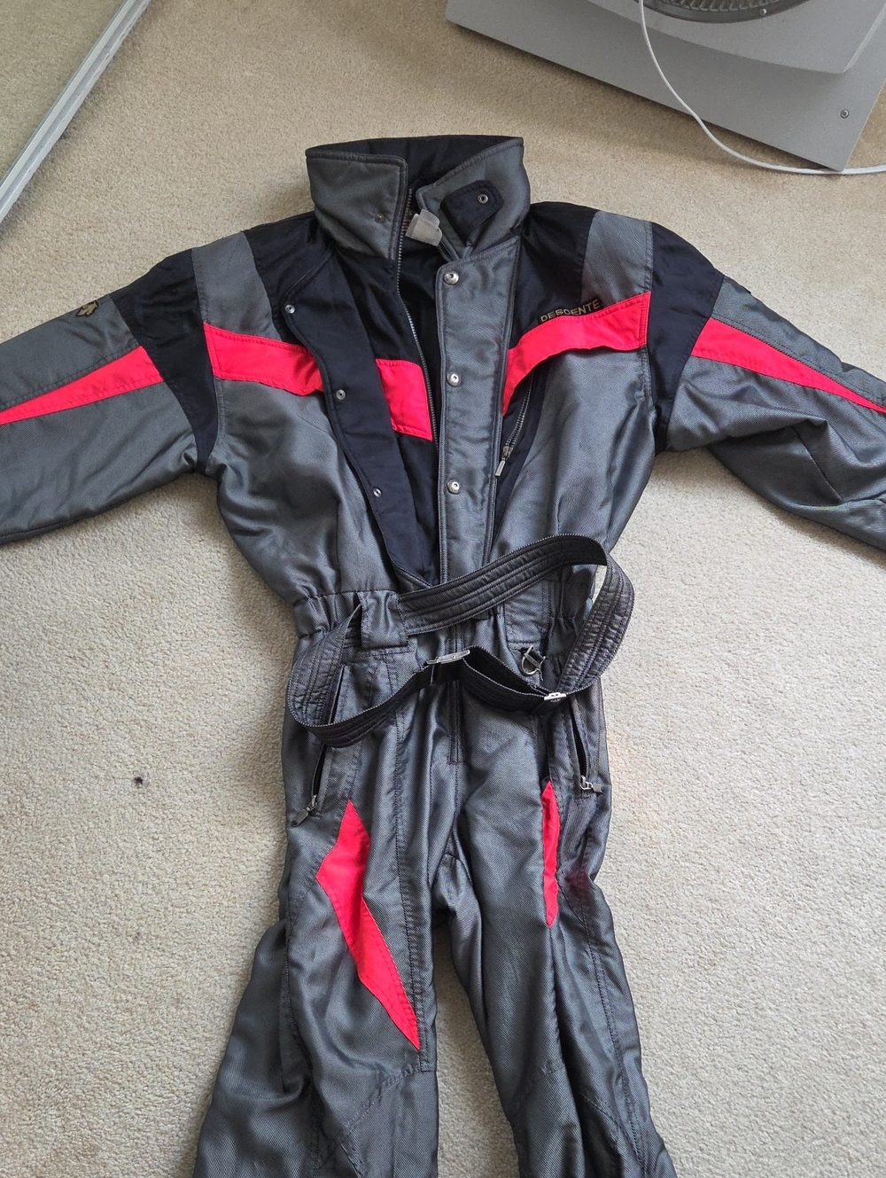 Descente Gray and Red Ski One-Piece Suit